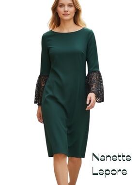 Nanette Lepore Hunter Green Lace Sleeves Dress NWOT Size 8